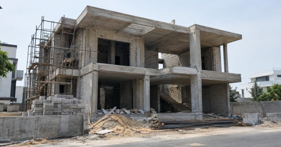 House under construction with scaffolding and block work