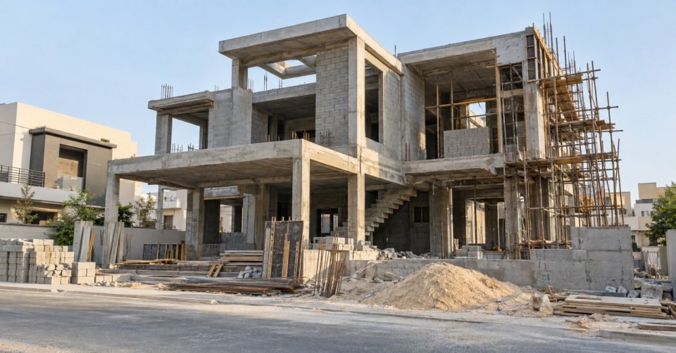 Two-storey house at grey-structure stage with scaffolding