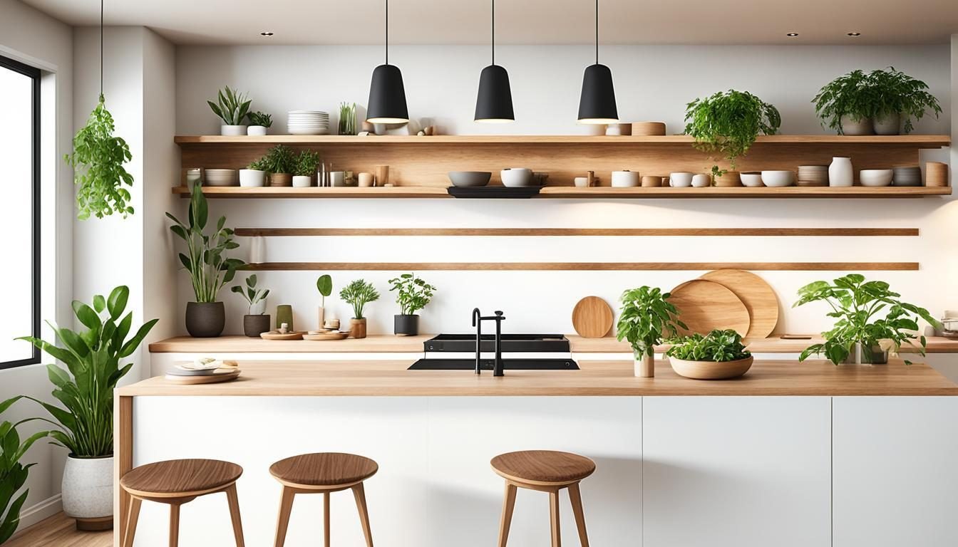 Bright kitchen with open timber shelves, black pendants, plants and wooden stools