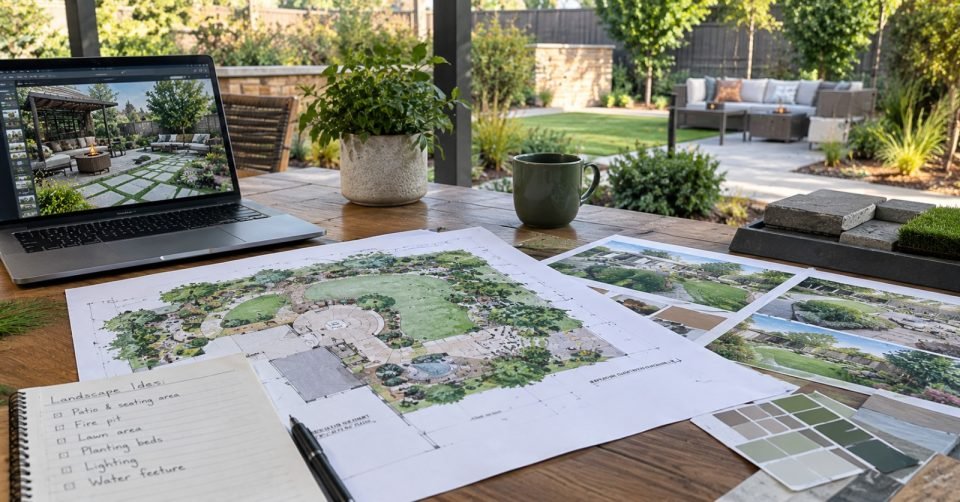 Landscape design boards and laptop presentation on a garden table