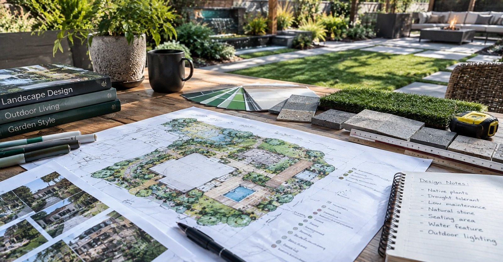 Landscape plan with material samples and notes on an outdoor table