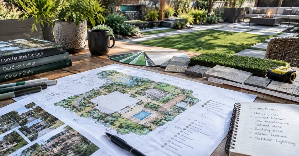 Landscape plan with material samples and notes on an outdoor table