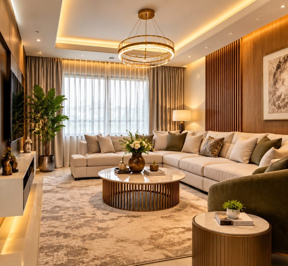 The same living room after decoration with a cream sectional, timber slat wall, ring chandelier and cove lighting