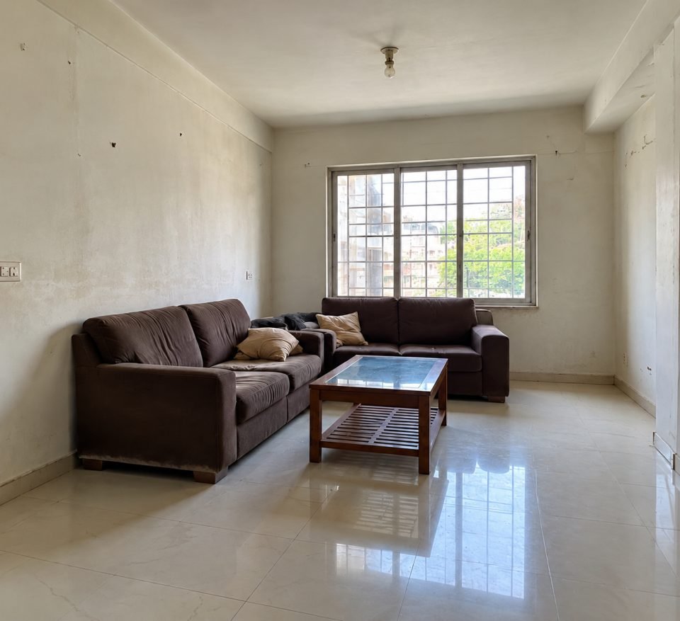 Living room before decoration: bare walls, worn sofas and a plain glass coffee table