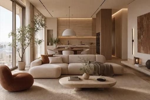Living room with a curved cream sofa, rust boucle chair, travertine coffee table and olive tree