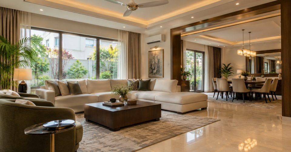 Living room with a marble floor, cream sectional and dining area beyond
