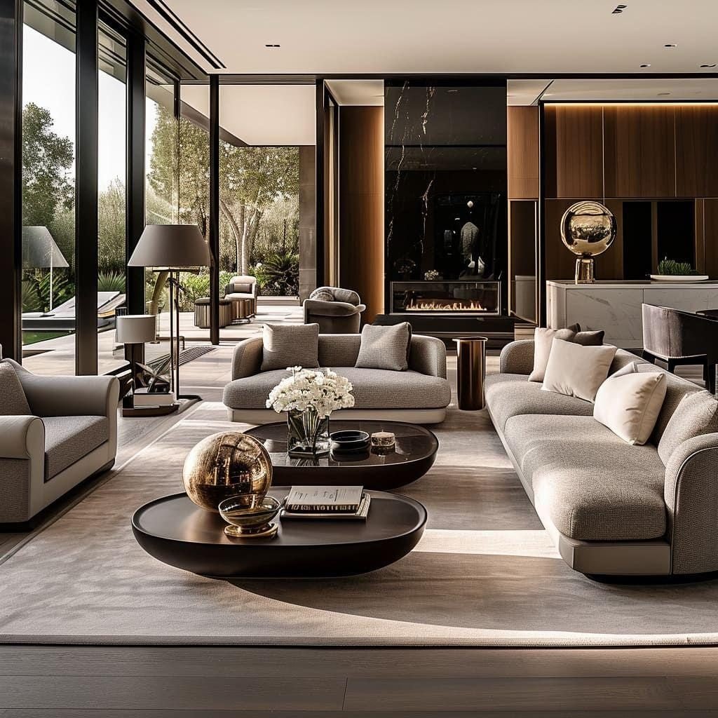 Contemporary living room with grey sofas, round dark coffee tables and a glazed garden wall