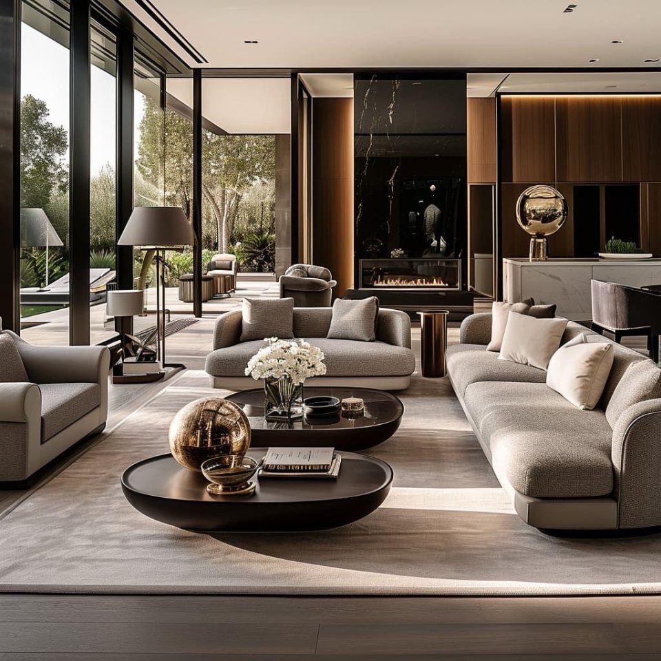 Contemporary living room with grey sofas, round dark coffee tables and a glazed garden wall