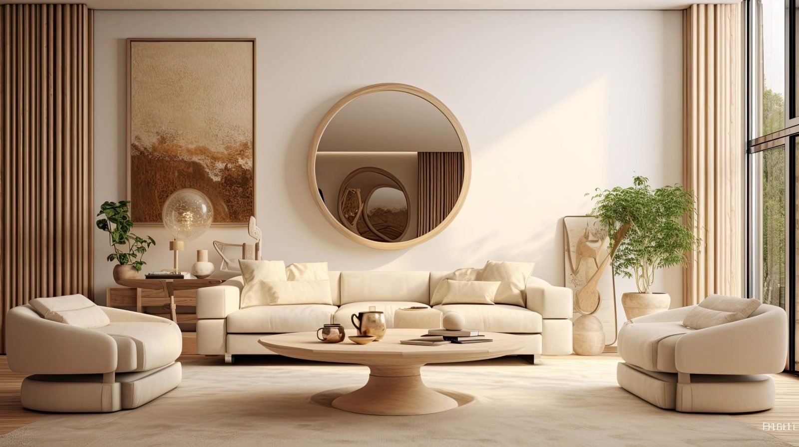 Cream living room styled with a round mirror, warm artwork, plants and a pedestal table