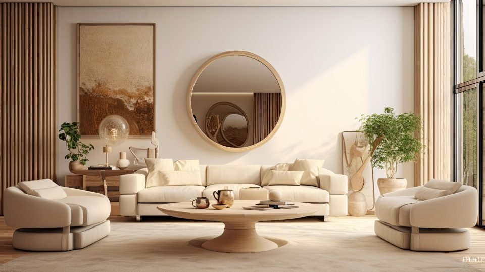 Cream living room styled with a round mirror, warm artwork, plants and a pedestal table