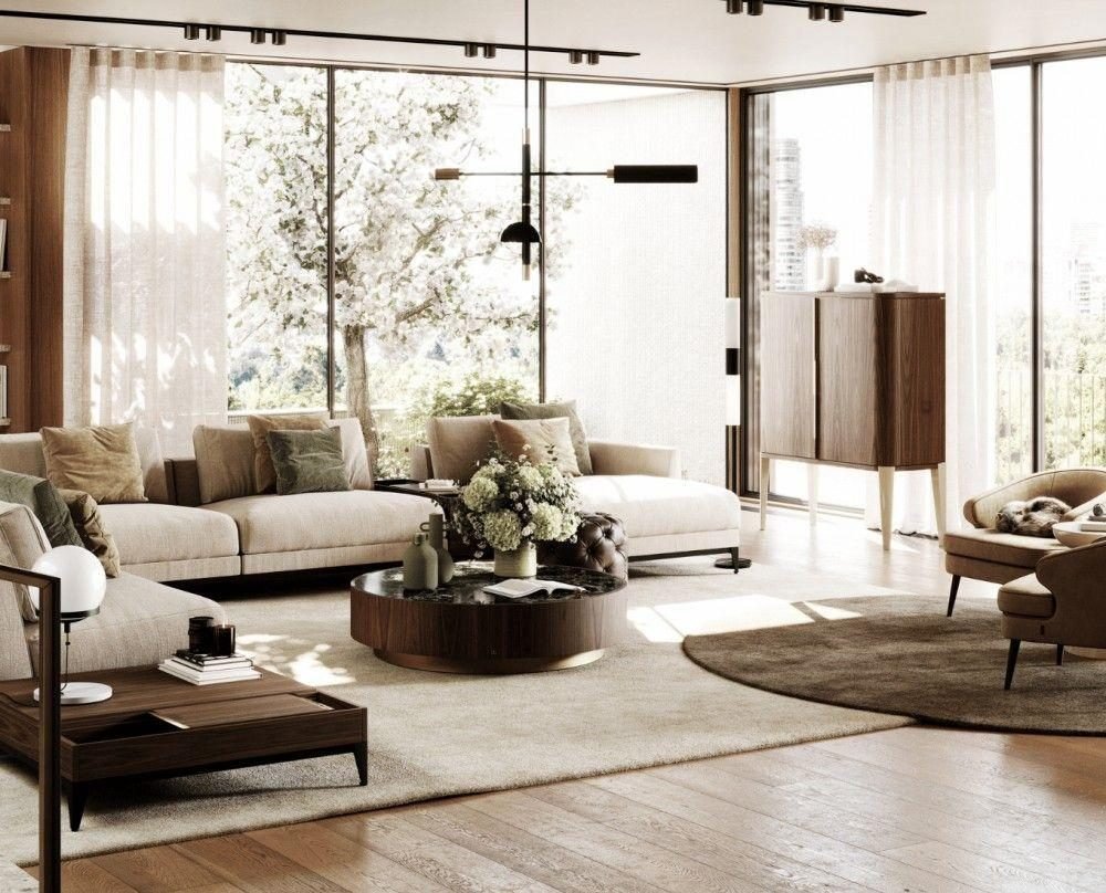 Living room with floor-to-ceiling sheer curtains, track lighting and a walnut cabinet