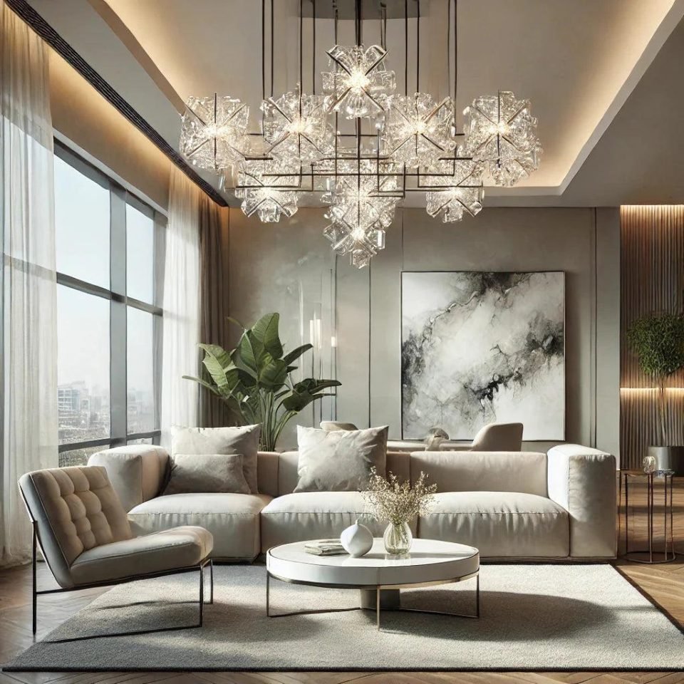 Living room with a large starburst chandelier, cove ceiling and abstract artwork