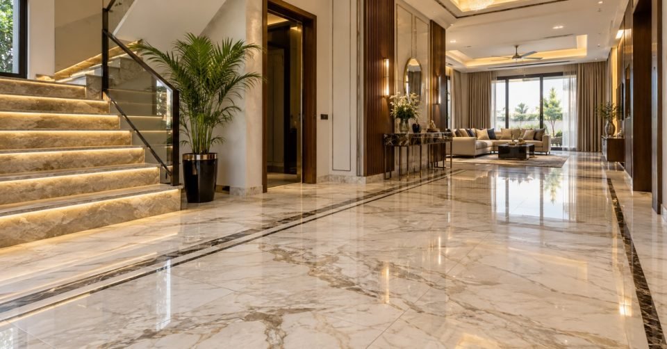 Marble entrance hall with a lit staircase, planter and view into the living room