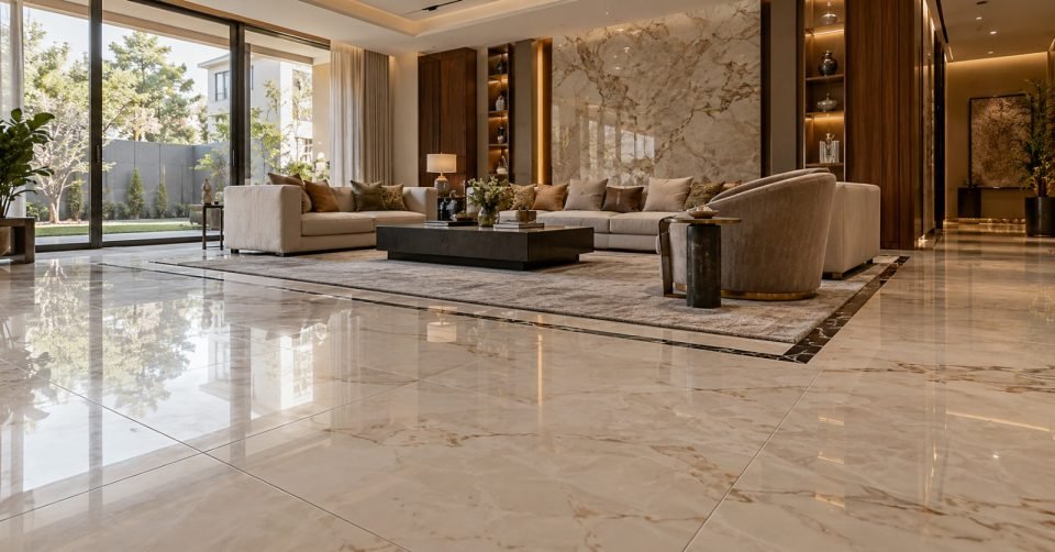 Living room with polished marble floor and inlay border, beige sofas and a marble feature wall