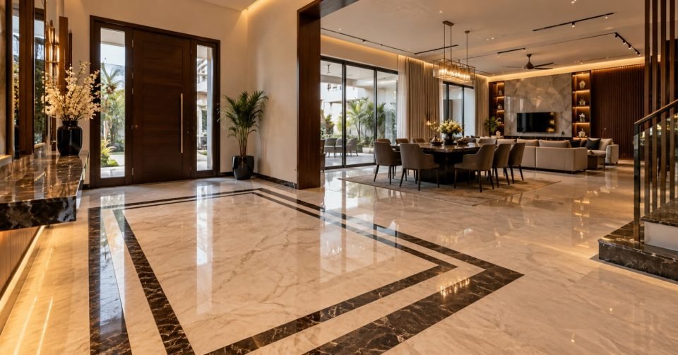 Marble foyer with a dark inlay border, pivot door and view to the dining room