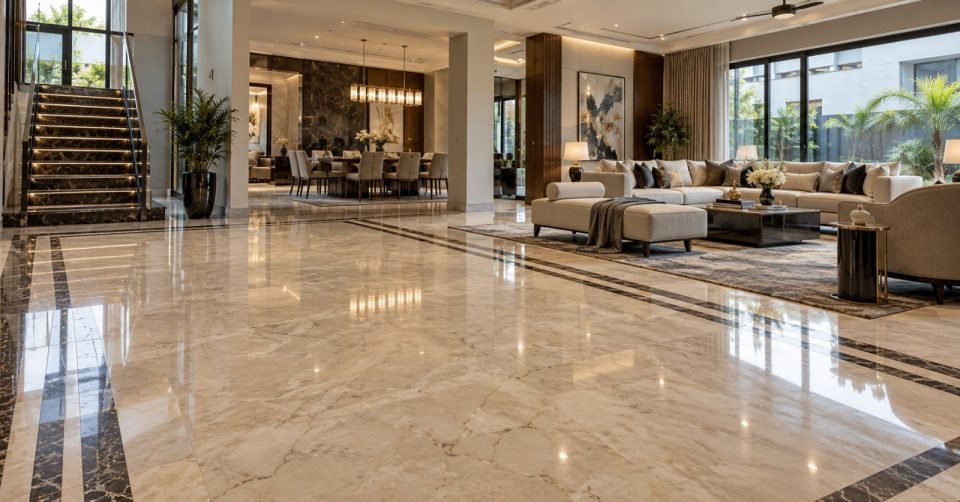 Open-plan marble lounge with staircase, dining area and seating