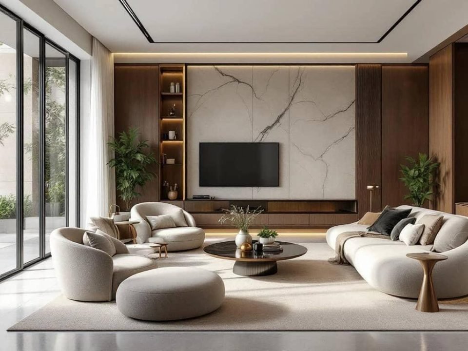 Living room with a book-matched marble TV wall, walnut shelving and curved sofas