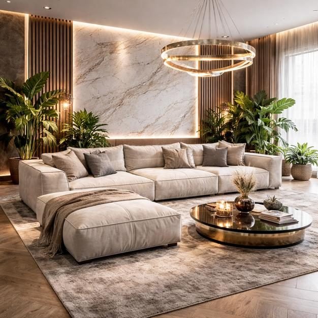 Living room with a gold ring chandelier, book-matched marble wall, plants and a cream sectional