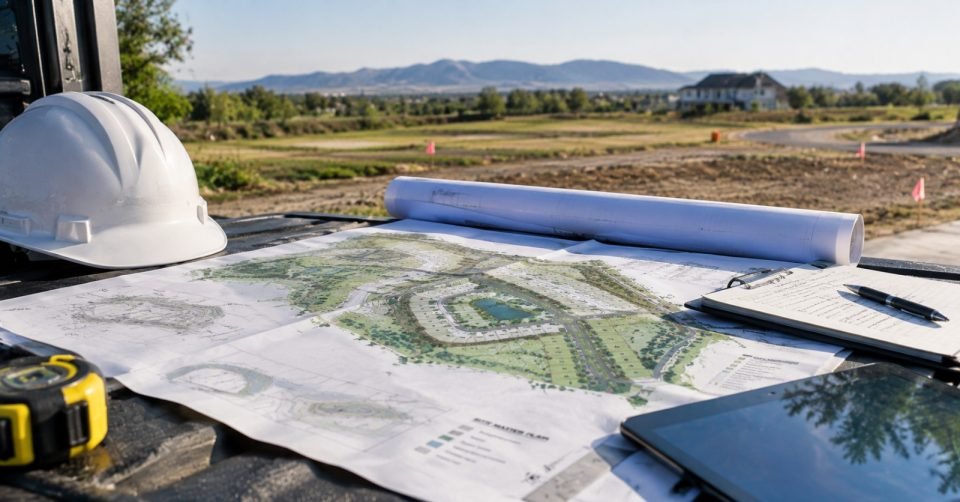 Master plan drawings, hard hat and tablet laid out on site