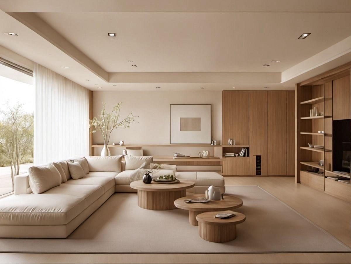 Minimal beige living room with a low sectional, nesting tables and timber joinery