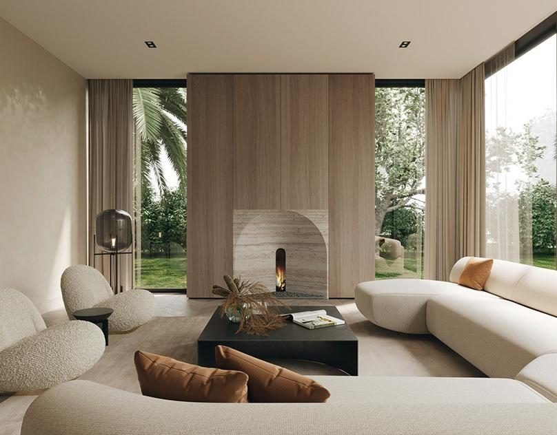 Minimal living room with a curved fireplace, low sofas and garden views