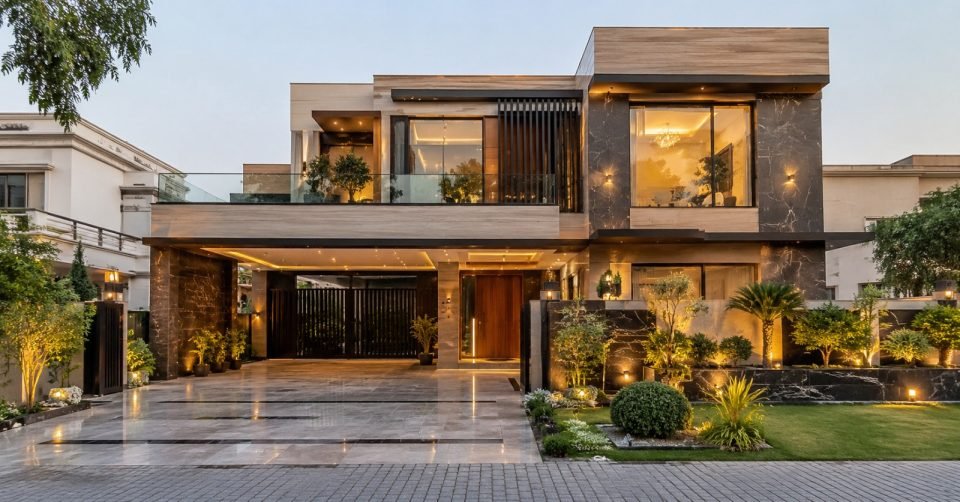 Completed modern villa exterior at dusk with timber and stone facade