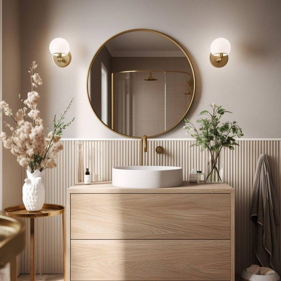 Small bathroom with an oak vanity, vessel basin, brass wall lights and a round mirror