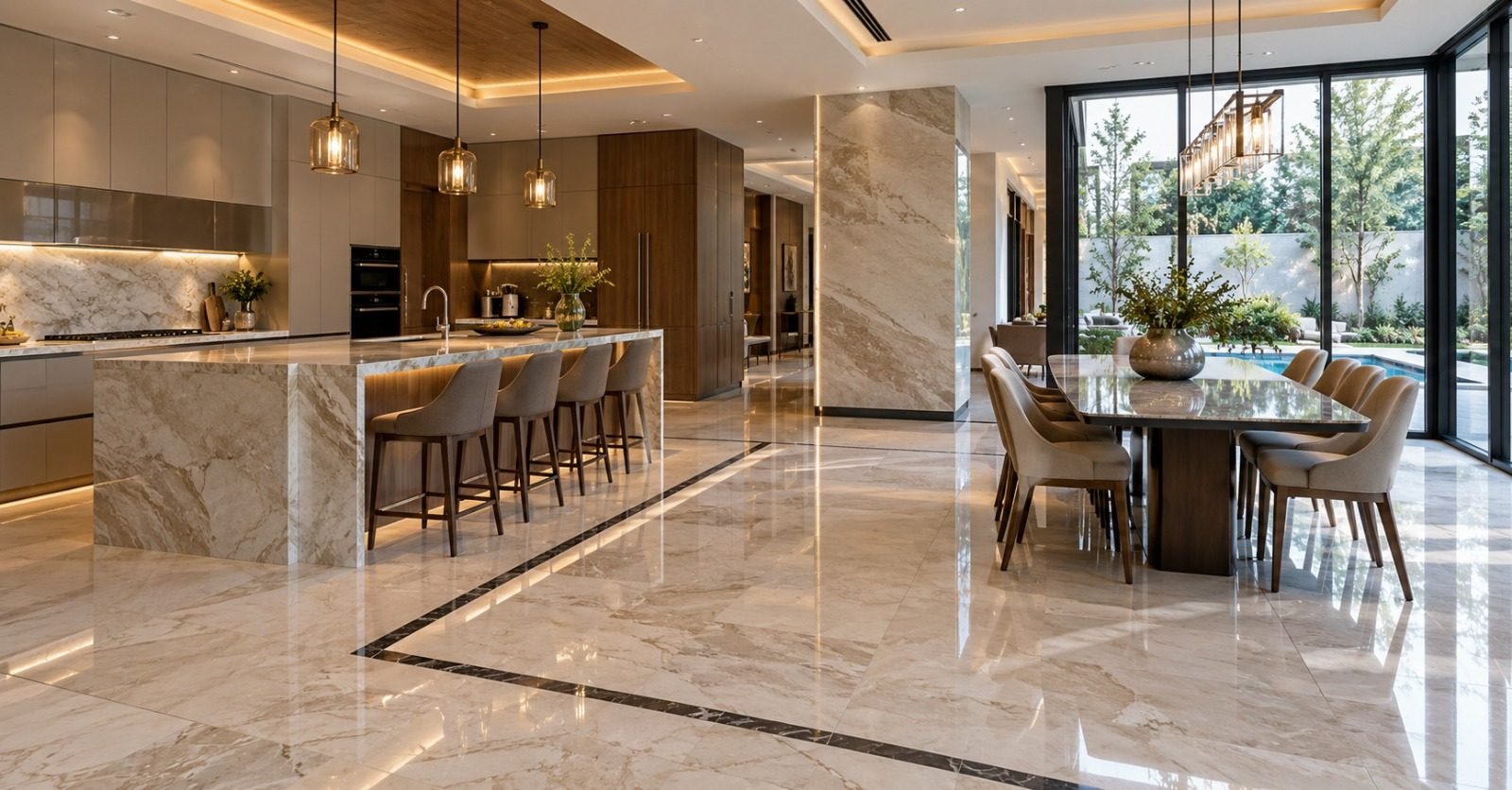 Open-plan kitchen with a marble island, bar stools, dining table and pendant lights
