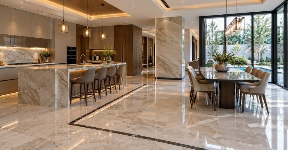 Open-plan kitchen with a marble island, bar stools, dining table and pendant lights
