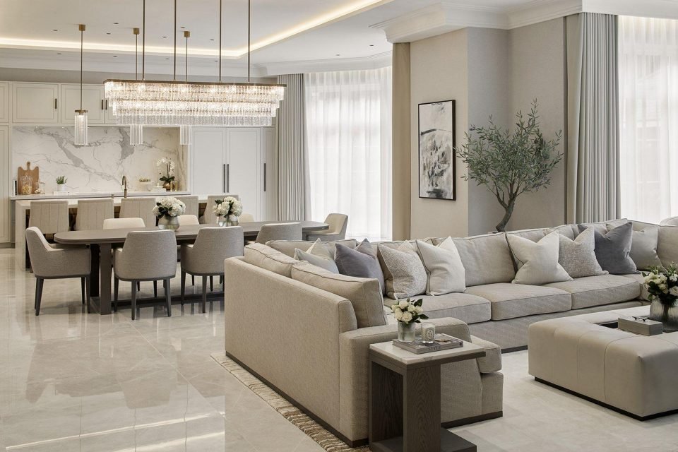 Open living and dining area with a linear crystal chandelier, grey sofas and polished marble floor