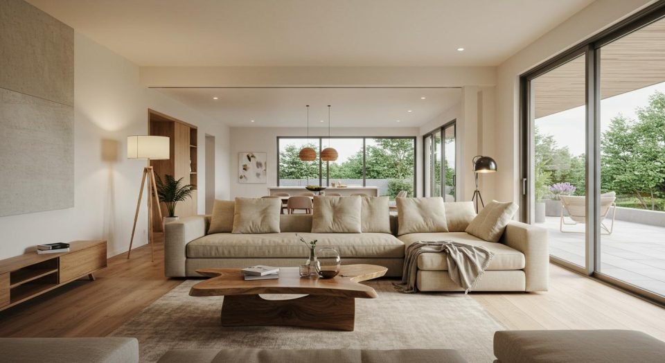Bright open-plan living room with a low beige sectional, live-edge coffee table and garden terrace