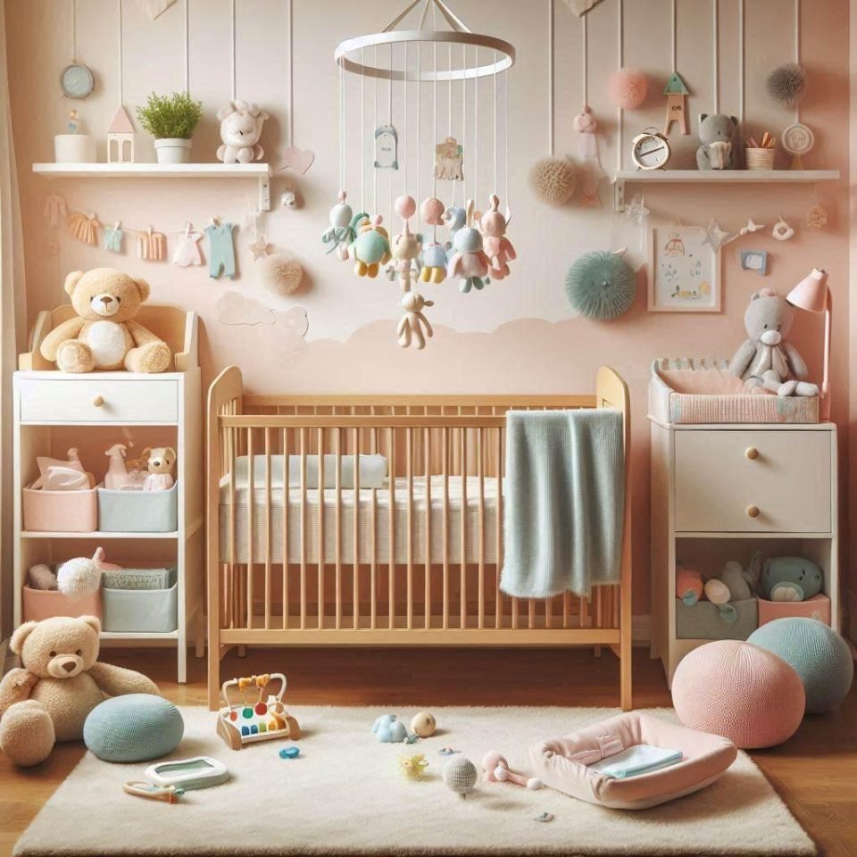 Pastel nursery with a natural timber crib, mobile, wall shelves, soft toys and a cream rug