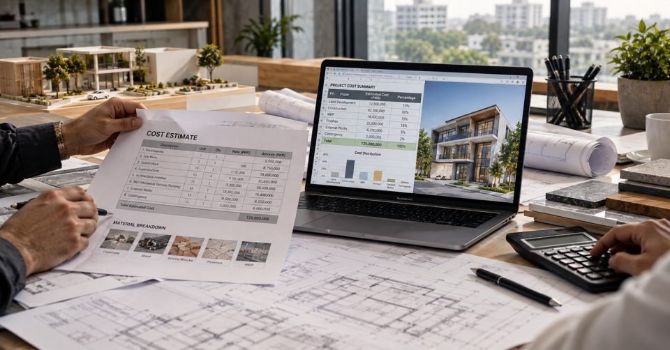 Proposal and cost estimate being reviewed next to architectural drawings