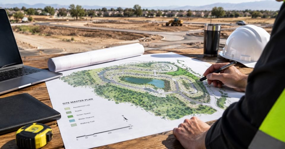 Designer marking up a site master plan outdoors