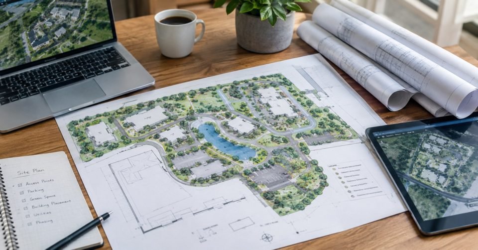 Site plan drawings, tablet and laptop on a desk during project planning