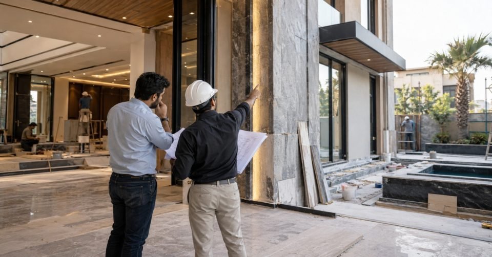 Site walkthrough with a project lead in a hard hat reviewing drawings with a client