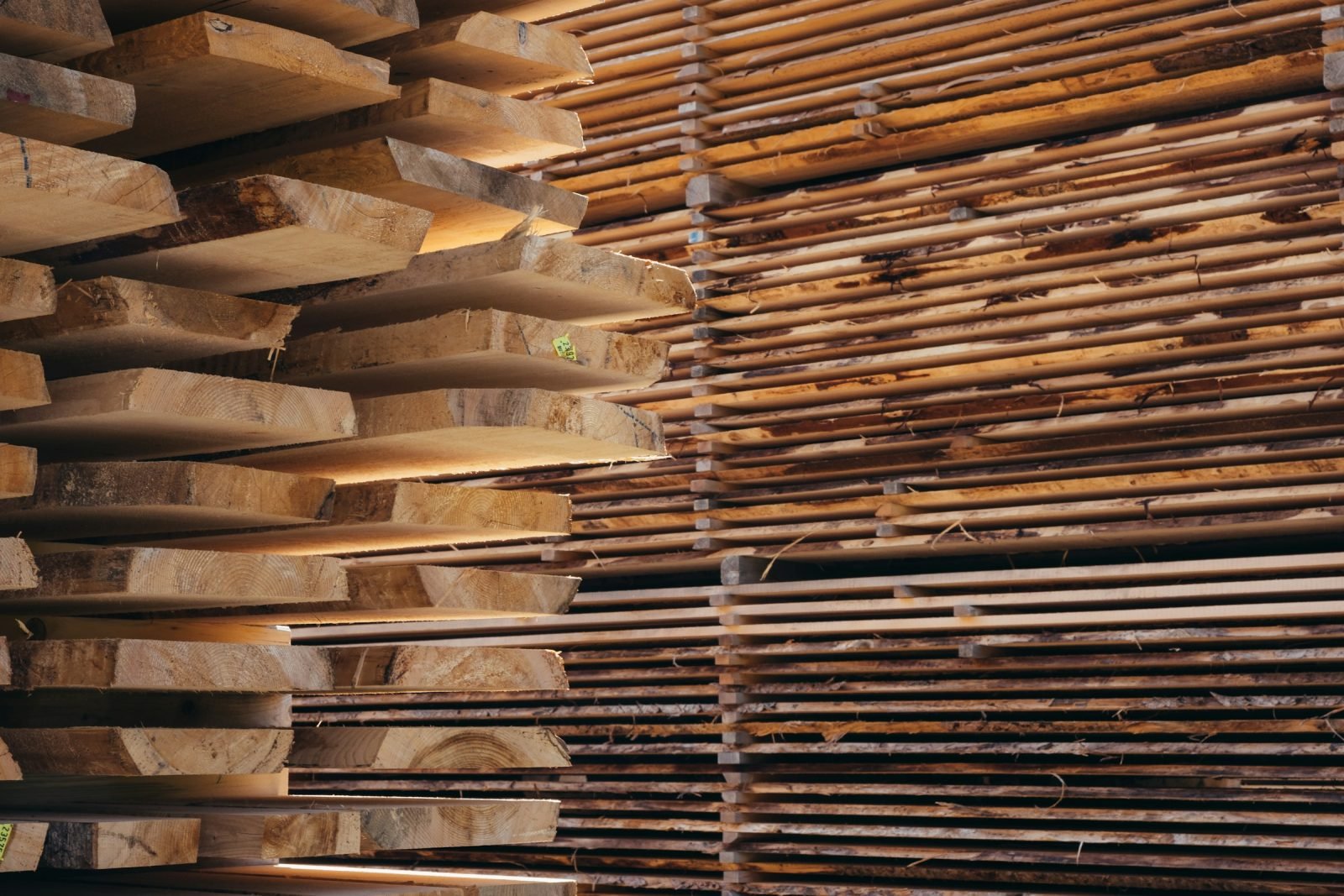 Stacks of sawn timber boards drying in a yard