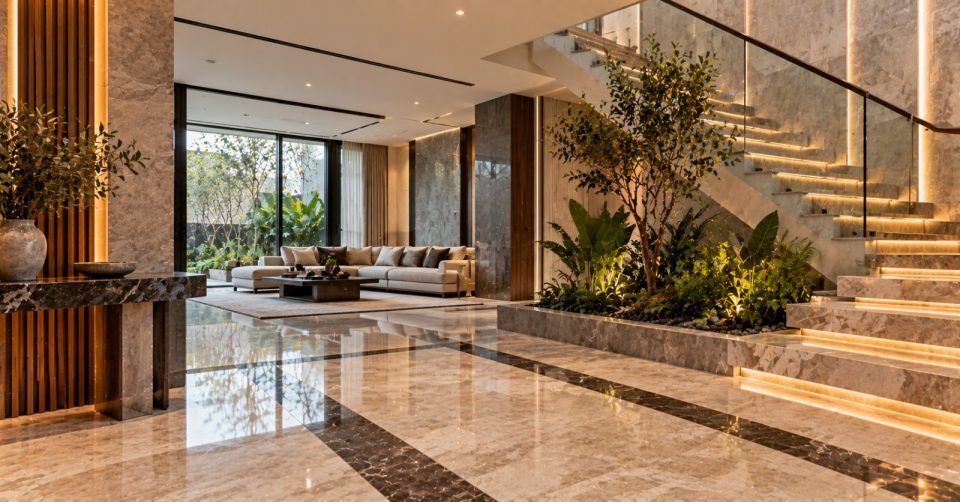 Staircase atrium with lit marble steps, indoor planting and a lounge beyond