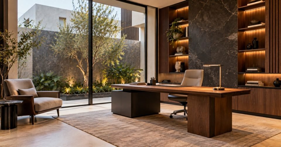 Study with a stone-clad column, walnut desk and lit niches beside the garden