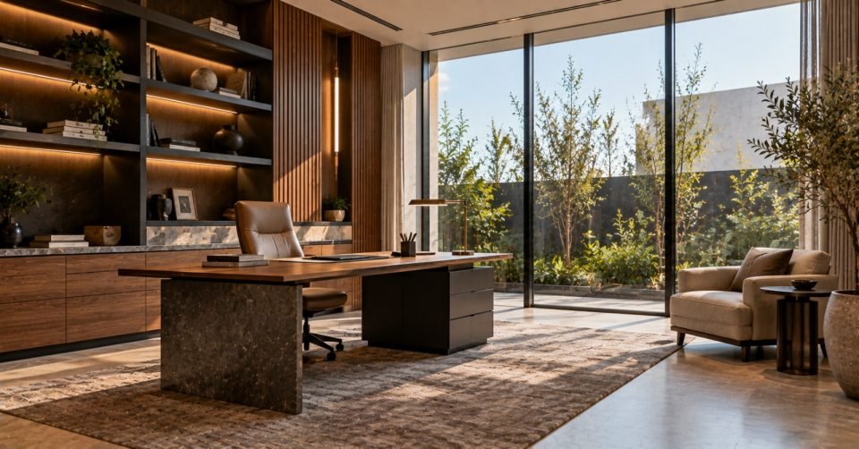 Study with a walnut and stone desk, armchair and floor-to-ceiling windows