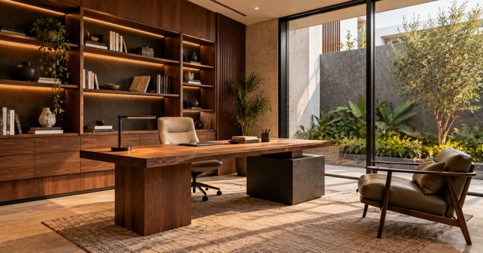 Home study with walnut built-in shelving, desk and leather armchair