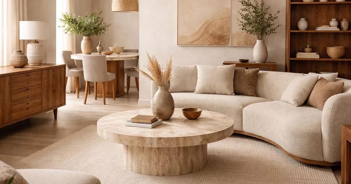 Cosy living room styled with ceramic vases, dried grasses, artwork and a curved sofa