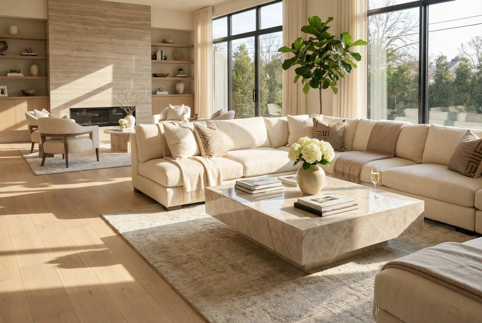 Sunlit living room with a cream sectional, marble coffee table and stone fireplace