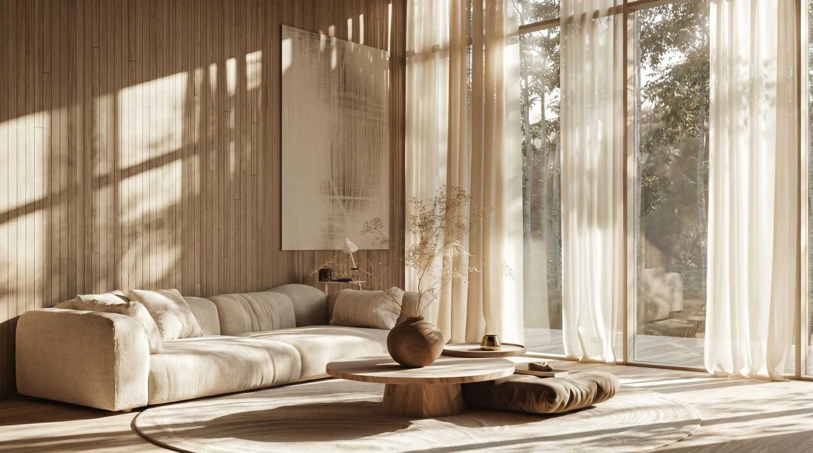 Sunlit lounge with layered sheer curtains, a low cream sofa and a round timber coffee table