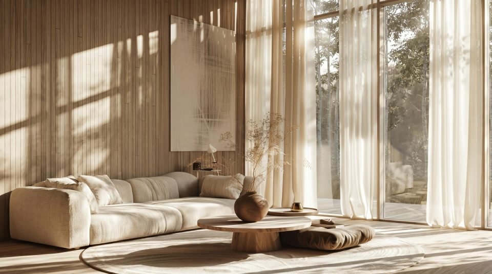Sunlit lounge with layered sheer curtains, a low cream sofa and a round timber coffee table