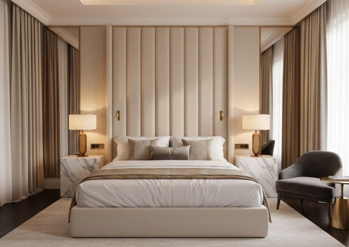 Symmetrical bedroom with a tall upholstered wall panel, marble bedside tables and drapes