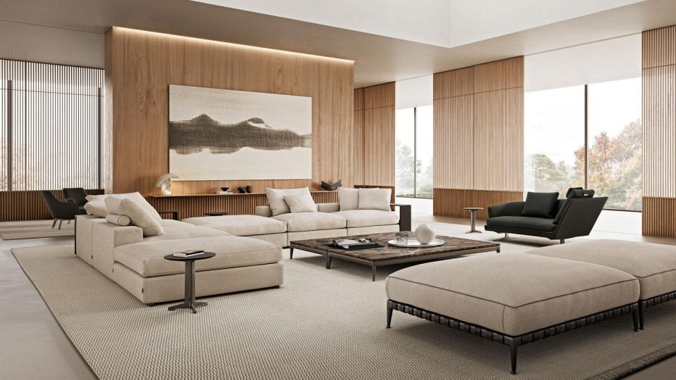 Large living room with timber wall panels, landscape artwork and low modular seating