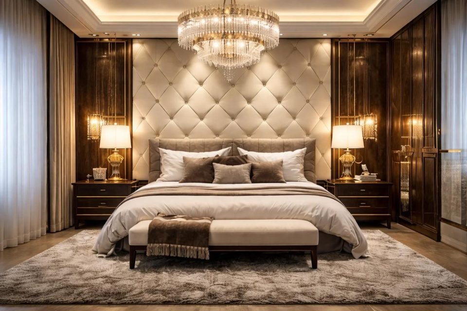 Bedroom with a diamond-tufted feature wall, crystal chandelier and bronze side tables