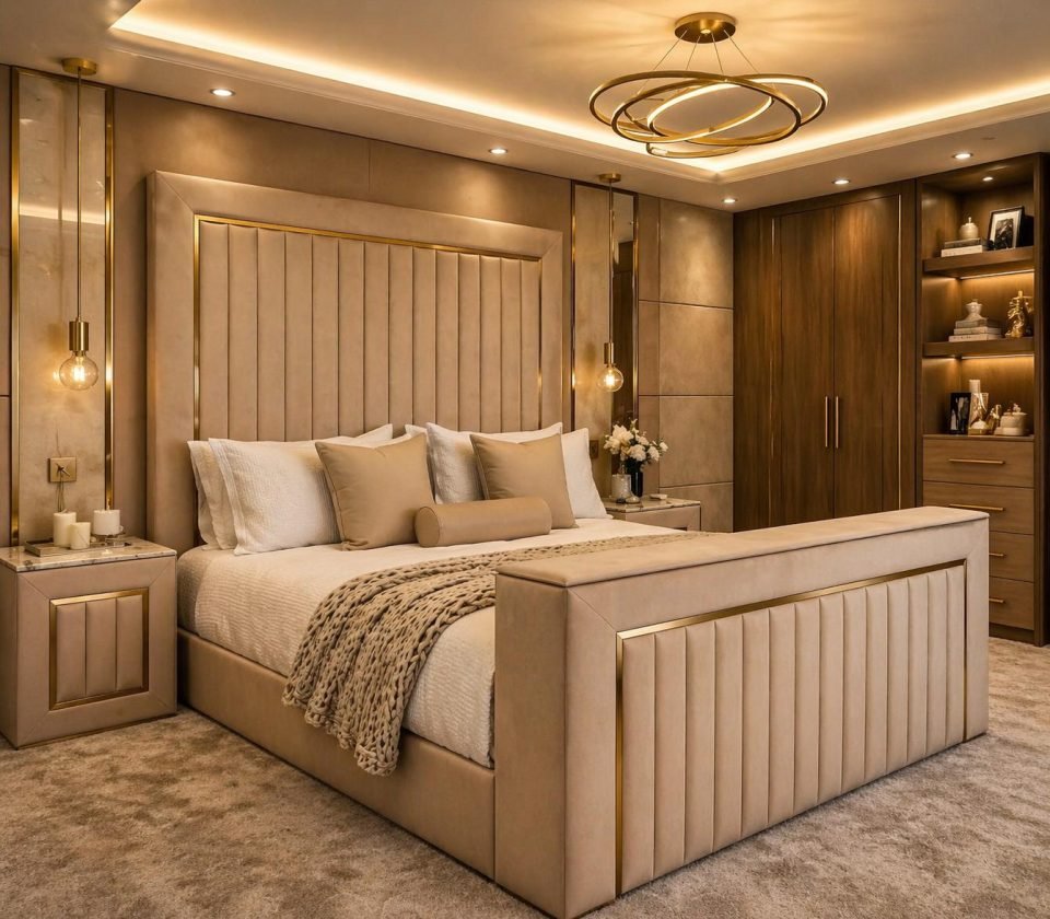 Bedroom with a channel-upholstered bed, gold accents and a ring ceiling light