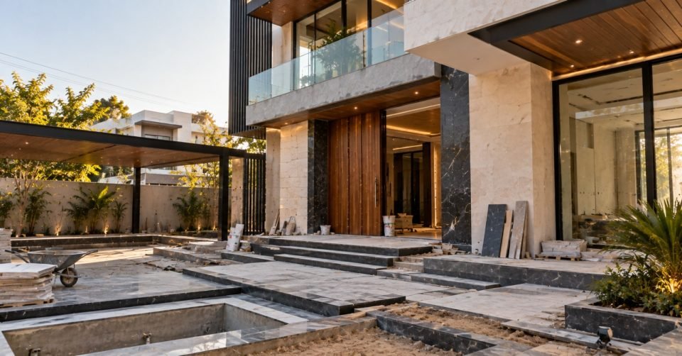 Villa courtyard with reflecting pool during finishing works